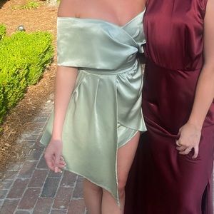 Sage Green Satin Off-the-Shoulder Mini Dress